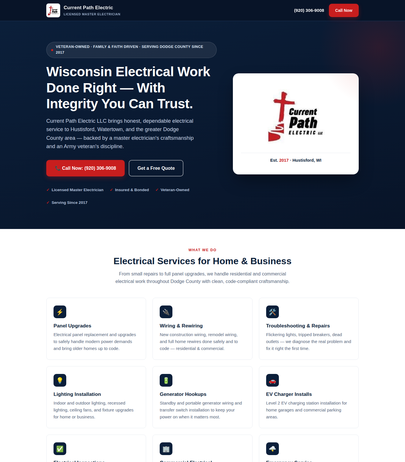 Screenshot of Current Path Electric LLC, a live TownCloud AI Bot Service client site